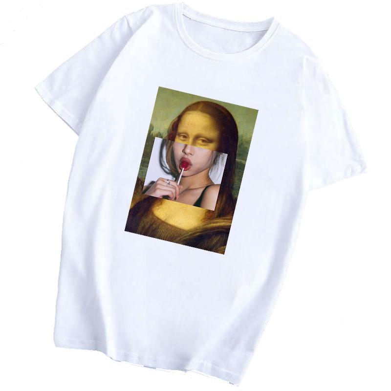 Mona Lisa Eat Lolly Pop Funny Tshirt Unisex Hip Hop Voguet Shirt Casual Tshirts Vintage Aesthetic Clothes Harajuku Top Tees