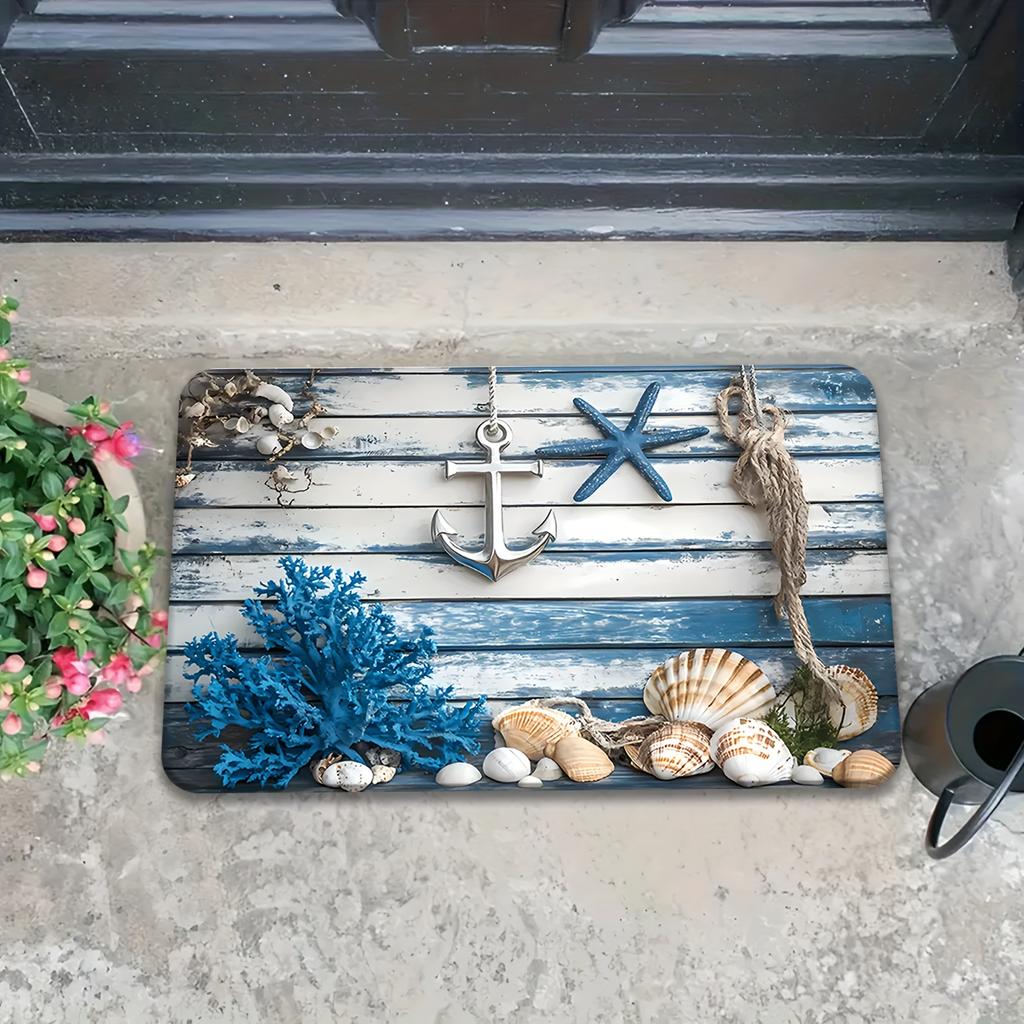 Nautical Anchor Rug Velvet Flannel Printed Floor Mat Beach Shell Design Decorative Carpet Entryway Home Decor