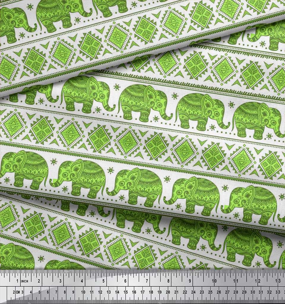 Soimoi Japan Crepe Satin Fabric Aztec & Tribal Elephant Ethnic Print Sewing Fabric Metre 42 Inch
