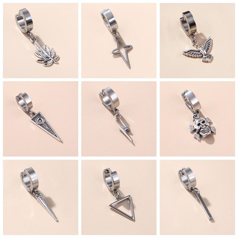 Simple Stainless Steel Hip-Hop Punk Lightning Feather Pendant Earrings Cross Earrings Men and Women Titanium Steel Earrings Ambience Back To School