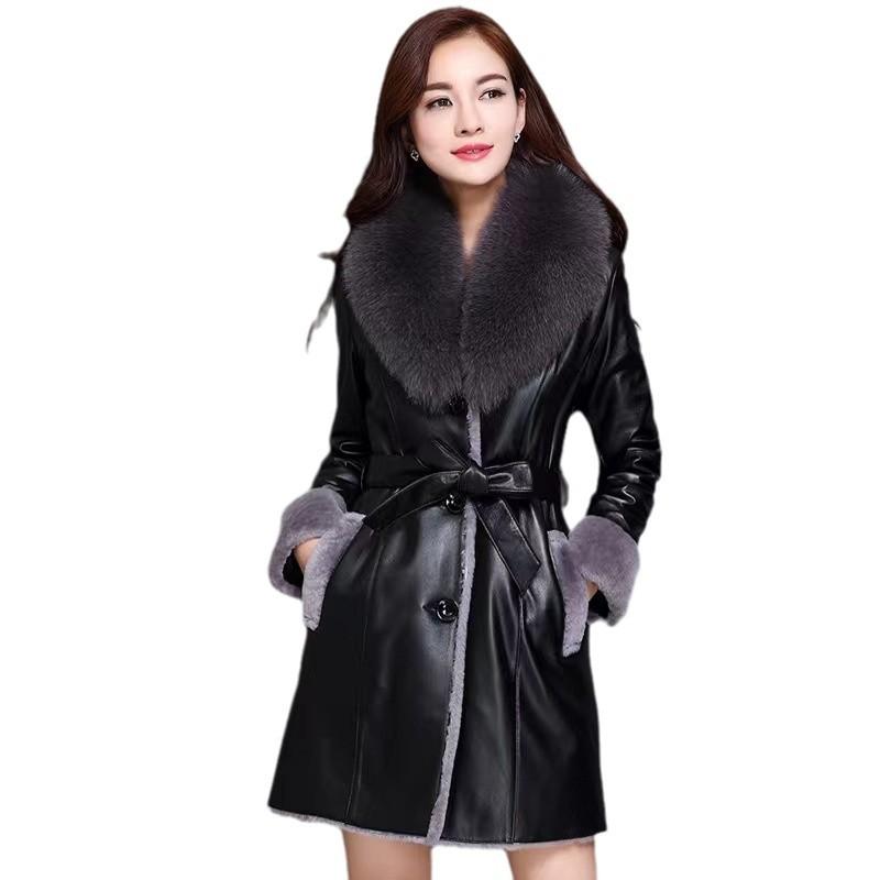 Winter Warm Kunstleder Damen Fleece Langer Mantel Damenbekleidung