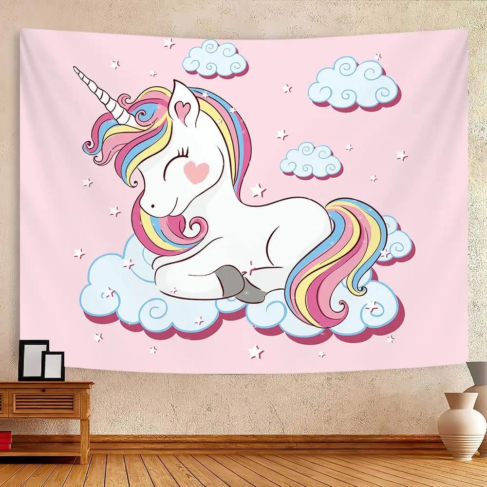 Unicorn Print Tapestry Wall Hanging Cute Cartoon Unicorn Tapestry Asthetic Home Decor Tapestry Wall Hanging for Kids Girls Room