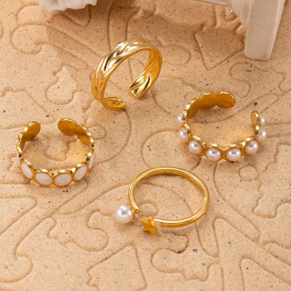 Stainless Steel Ring Hydraulic Oil Drop Pearl Open Ring Light Luxury Fashion 18k Gold Plated Titanium Steel Jewelry