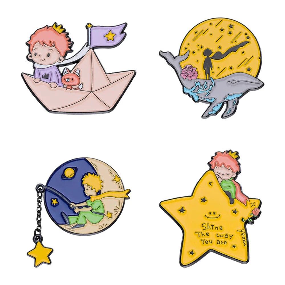 Cute Prince Fox Enamel Pins Custom Moon Star Paper Boat Whale Brooches Lapel Badges Cartoon Jewelry Gift for Kids Friends