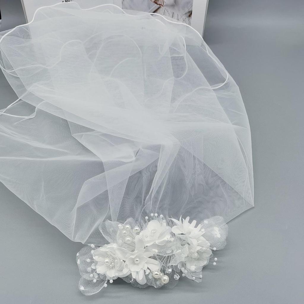 White Pearl Double Layer Veil Hair Comb - Bridal Party Flower Headdress