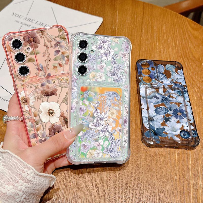 Transparent Flowers Pattern Phone Case For Samsung Galaxy S26 S25 S24 S23 S22 Ultra S25 Edge S24 FE Clear Card Bag Wallet Cover