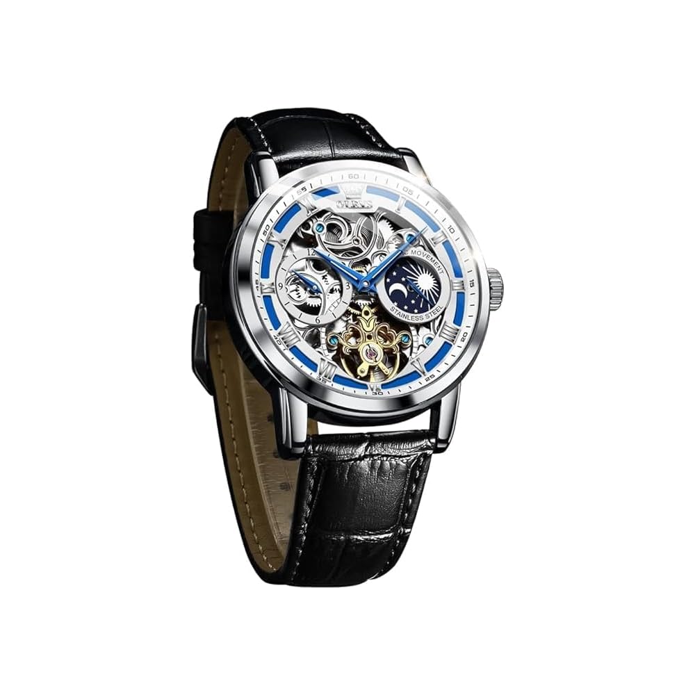OLEVS Men s Mechanical Automatic & Manual Leather Fashion Watch Blue Skeleton Moon Phase Waterproof