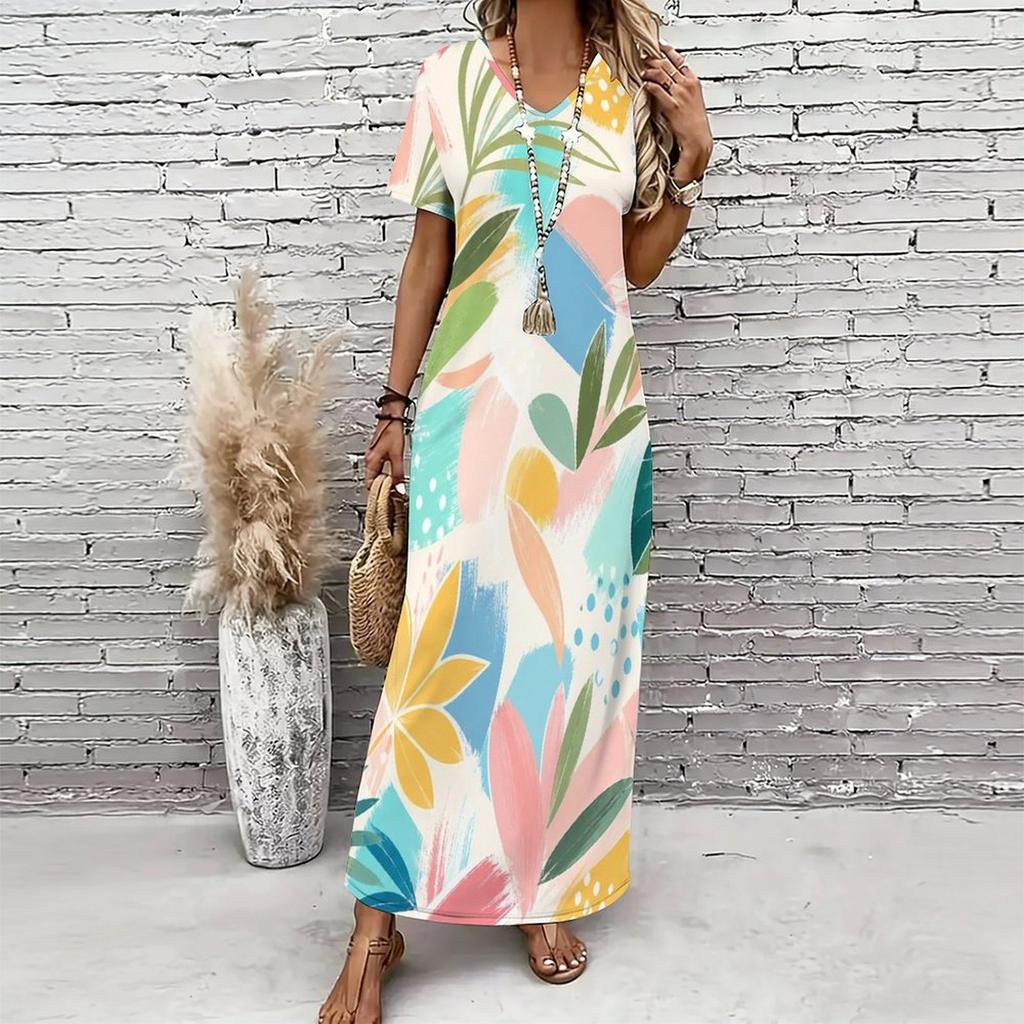 Women Plus Size V Neck Short Sleeve Printed Straight Maxi Dress