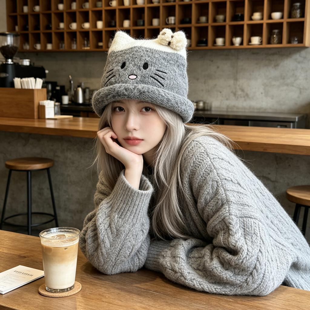 Cute cat face hat women's new autumn and winter face is small, suitable for square and round faces, popular students this year