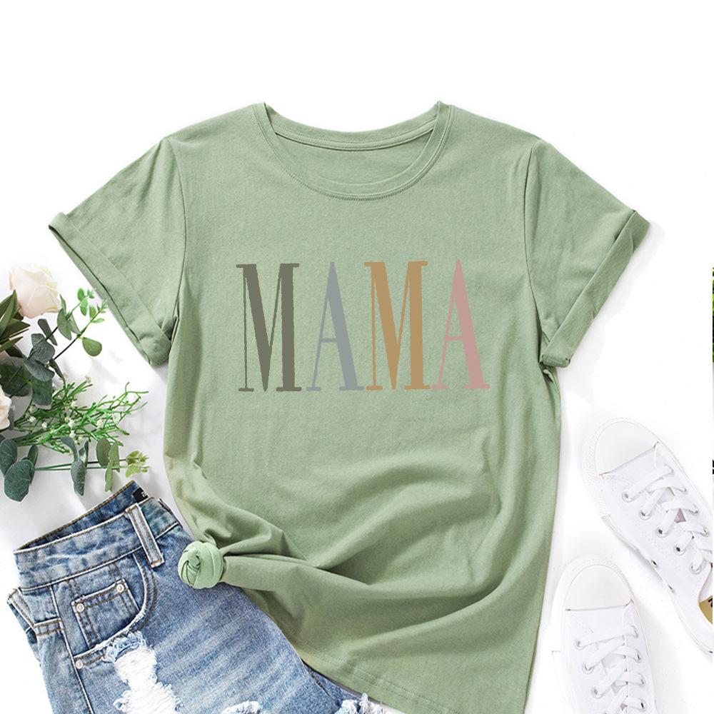 MAMA Cotton T-Shirt Short Sleeve Round Neck Women 2d Print Tops