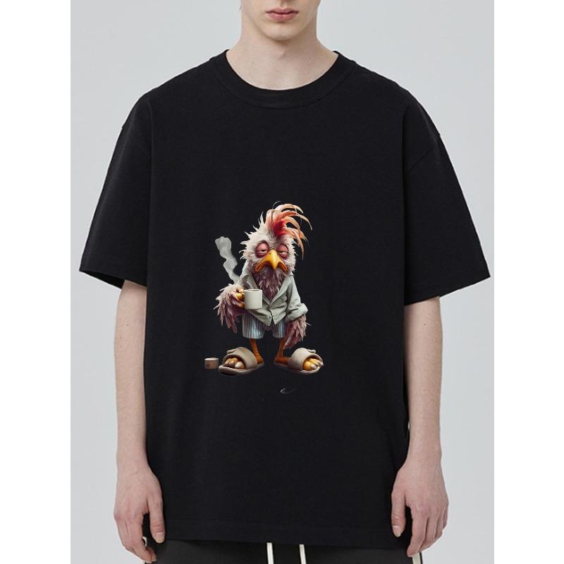 

Crewneck T Shirt Black Chicken with Cup and Cigar Print Casual Wear for Men and Women XXXXL чёрный