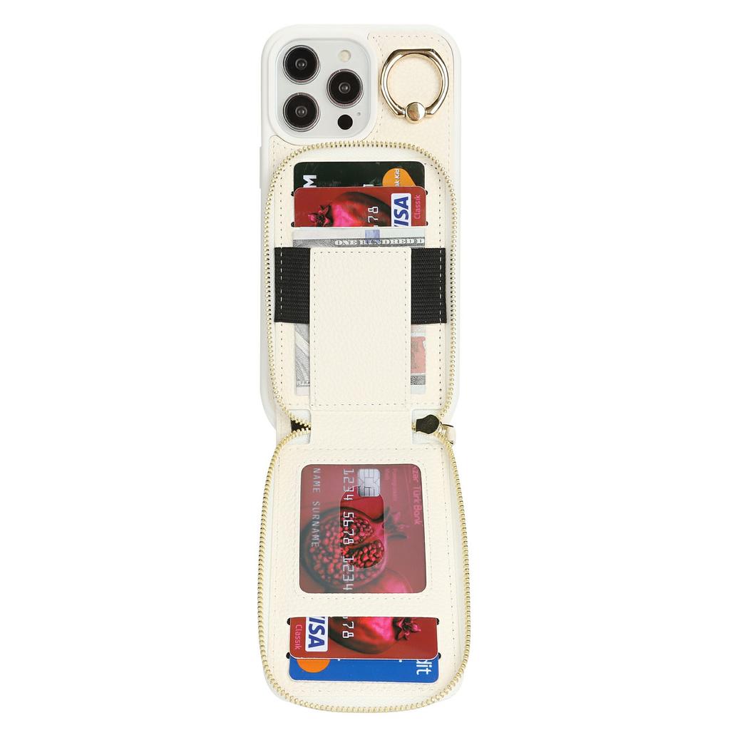 For iPhone 13 Pro Max/12 Pro Max Case with Zipper Pouch/Ring Kickstand/Strap Litchi Texture PU+TPU Phone Cover