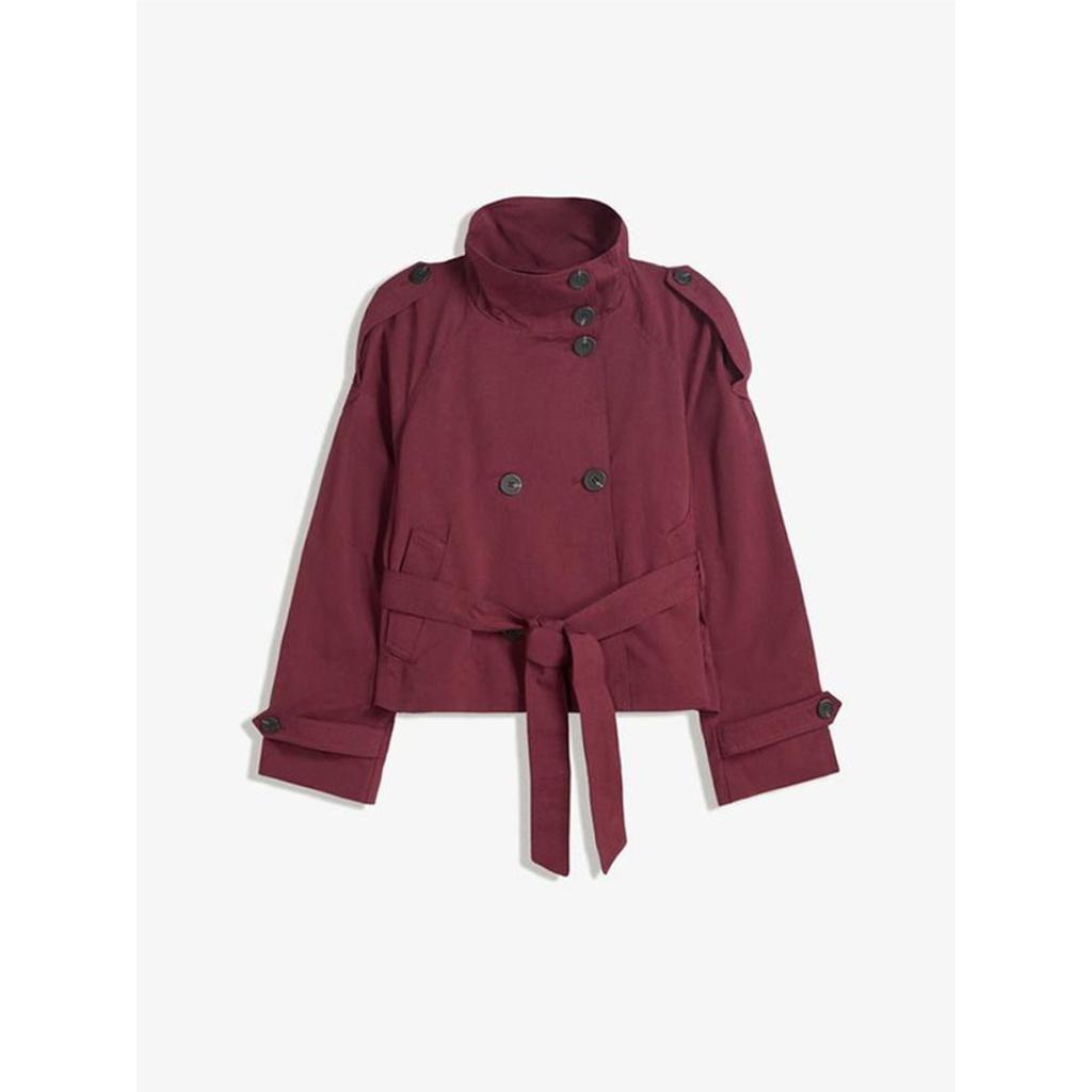 Women's Stand Collar Long Sleeve Jacket Belted Waist Streetwear Double Breasted Short Trench Coat