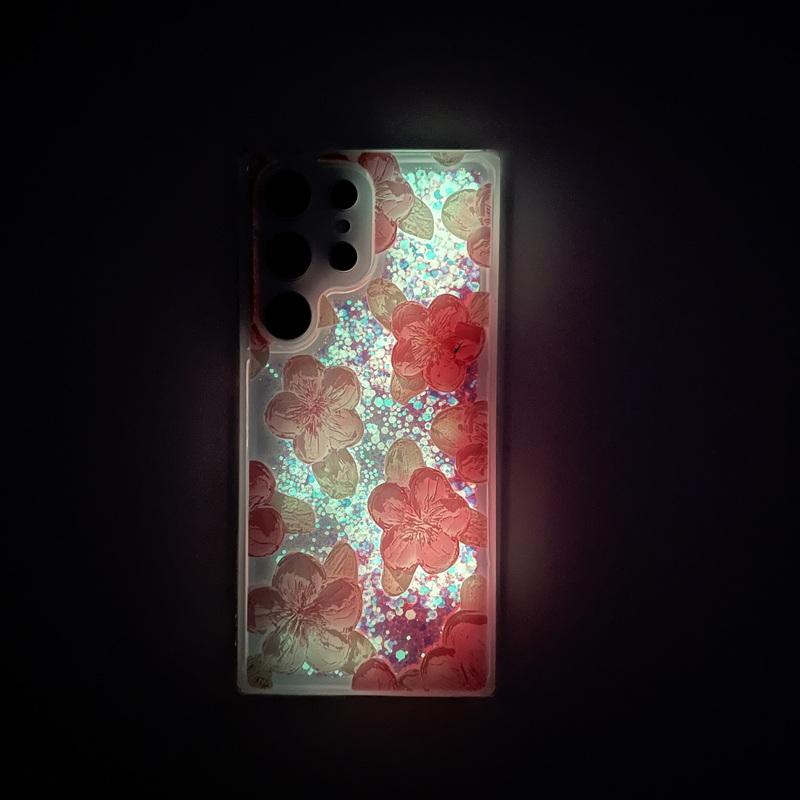 Leuchtende Flüssig-Treibsand-Hülle mit Blumendruck für Samsung S25 Ultra S24 Plus S23 S22 A55 A35 A15 Transparent Stoßfest Anti-Fall Handyhülle
