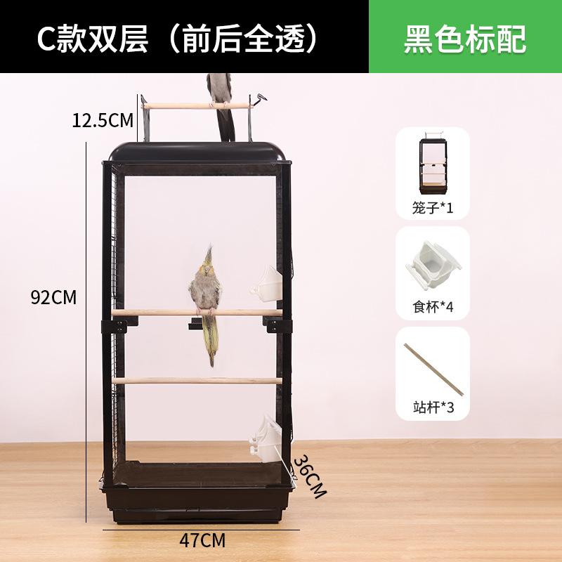 Acrylic Transparent Splash-Proof Horizontal Wire Bird Cage for Parrot Cockatiel Mynah Budgie Large Luxury Villa Style Perch