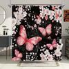 1pc Japanese Ukiyo-e Inspired Cherry Blossom & Pink Butterflies Shower Curtain - Black Background Whimsical Nature Art,