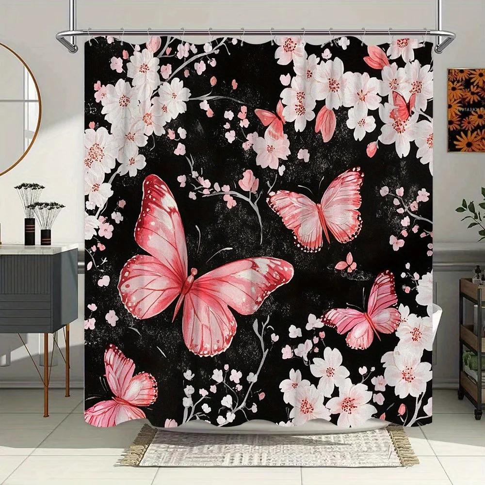 1pc Japanese Ukiyo-e Inspired Cherry Blossom & Pink Butterflies Shower Curtain - Black Background Whimsical Nature Art,