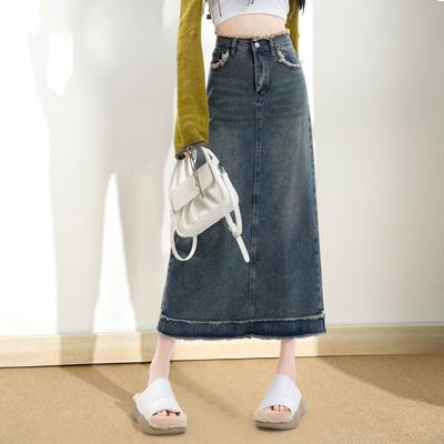 Elegant Classic Woman Design Raw Edge Women High Waist Retro Slim Medium Long Package Hip Summer Versatile Comfortable Fashion Denim Bustier Skirt