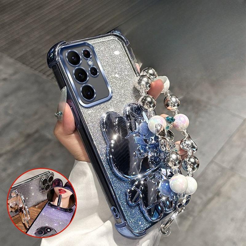 

Кейс для телефону з кронштейном-дзеркалом у вигляді кролика для Samsung S25 S24 S23 S22 EDGE Ultra Plus Fe з браслетом, кейс з амортизацією повітряних подушок у чотирьох кутах Case & Holder&Galaxy S24 Ultra синій