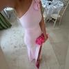 Women's new sexy slanted shoulder split skirt fashionable three-dimensional flower slim European and American dress women's wholesale