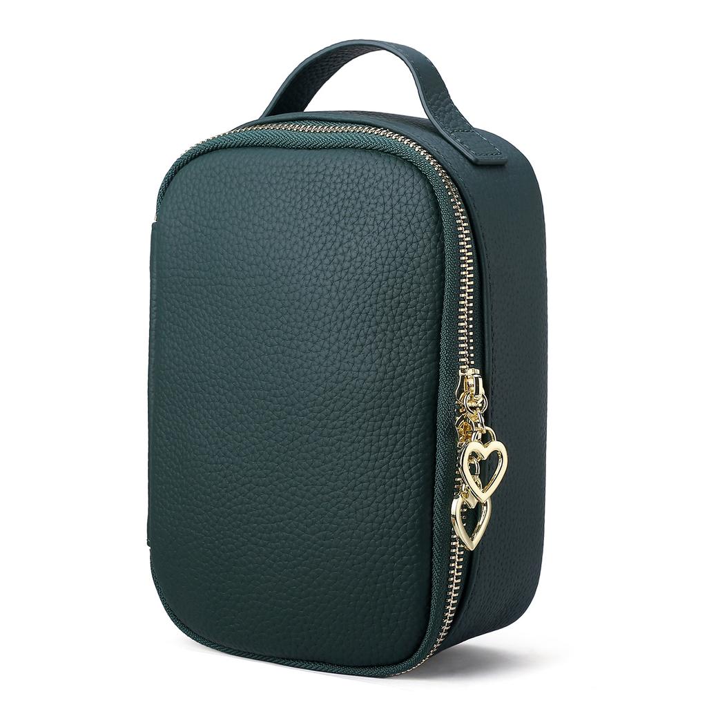 Women's Top Grain Leather Cosmetic Jewelry Organizer Compact Toiletry Bag Portable Makeup Pouch for Daily Travel Use