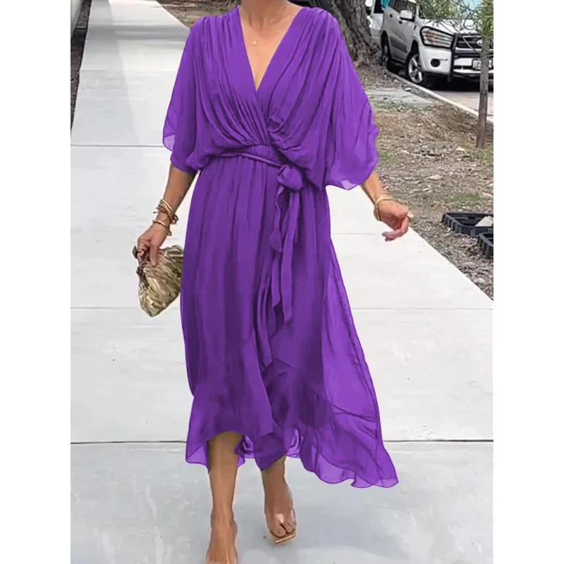 2026 New Plus Size Women's Solid Color Tie-Waist Long Dress with Bat Sleeves and Asymmetrical Hem