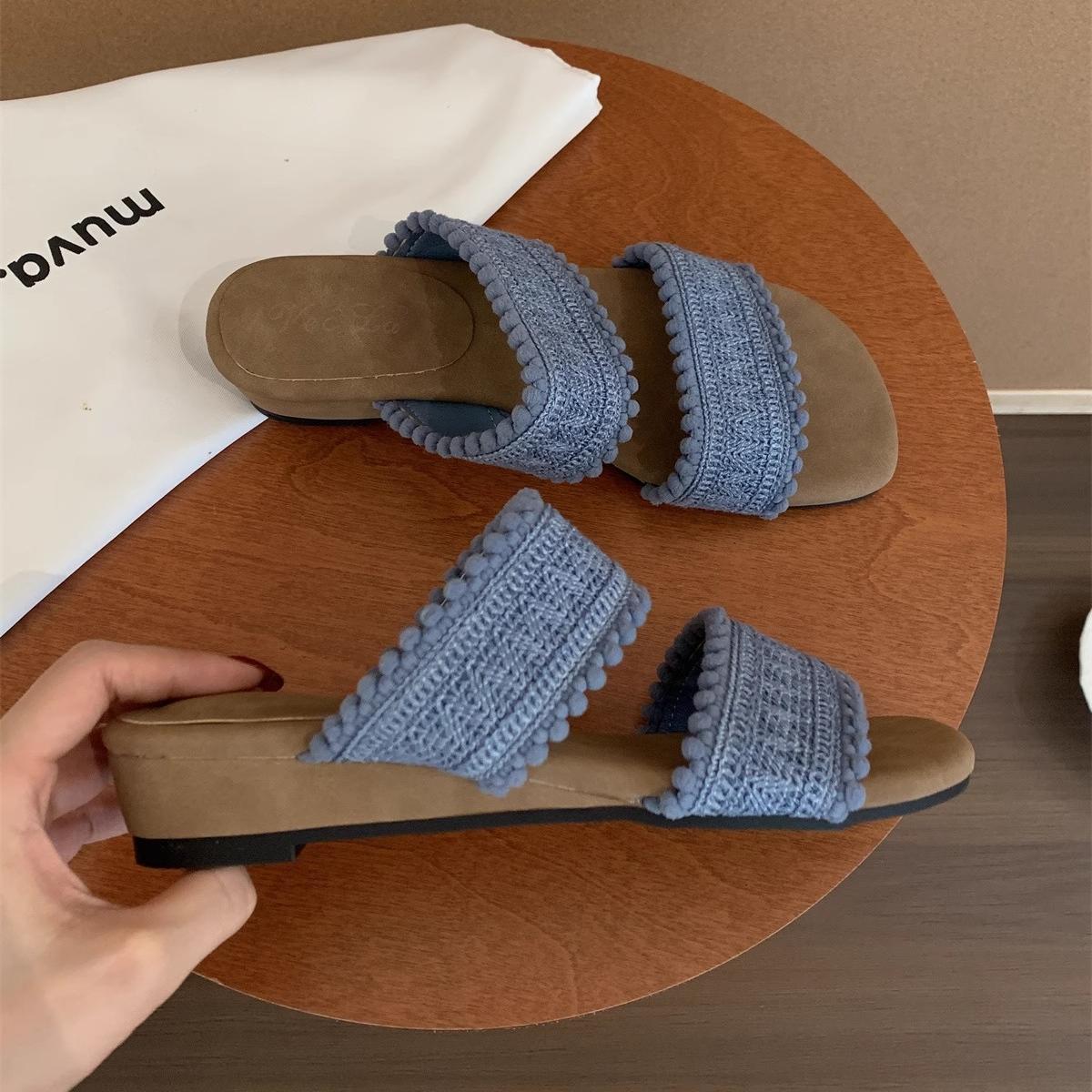 

Wedge heel high heel thick sole cool slippers women s summer wear 2025 new with skirt bohemian one-word sandals 40 синий