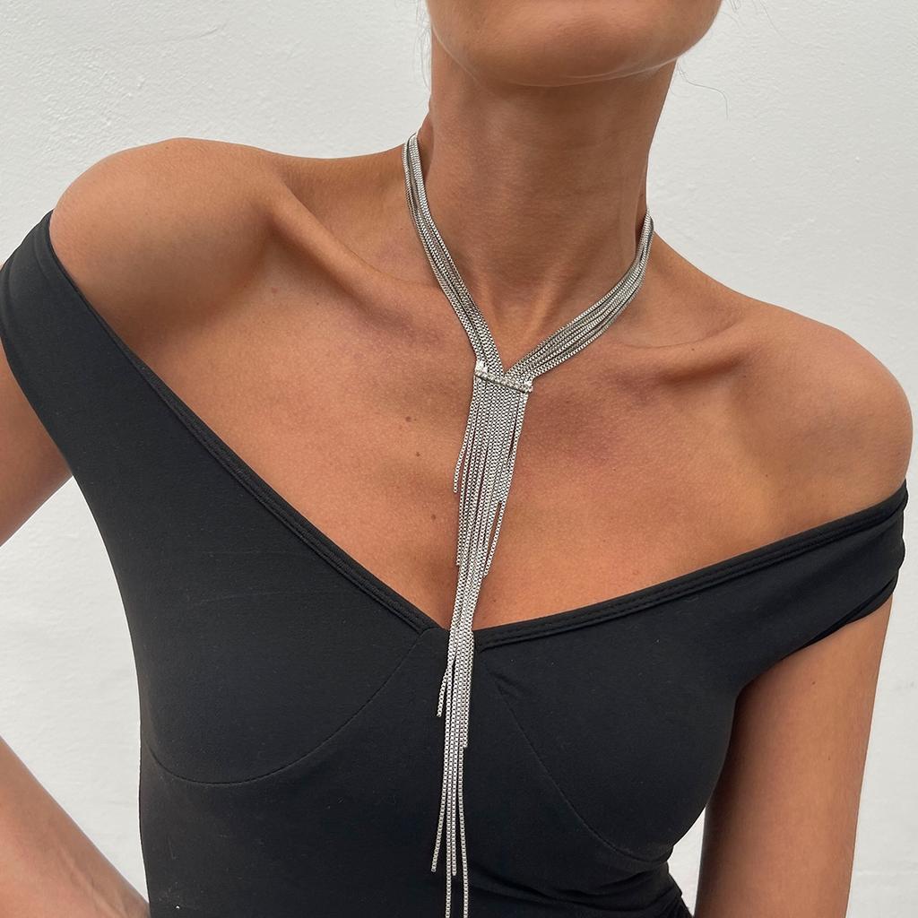 Elegante eingelegte Strasssteine, Mehrschichtige Kastenkette, Quasten-Halskette, Damenmode, Sommerschmuck, Schmuck, Geschenke