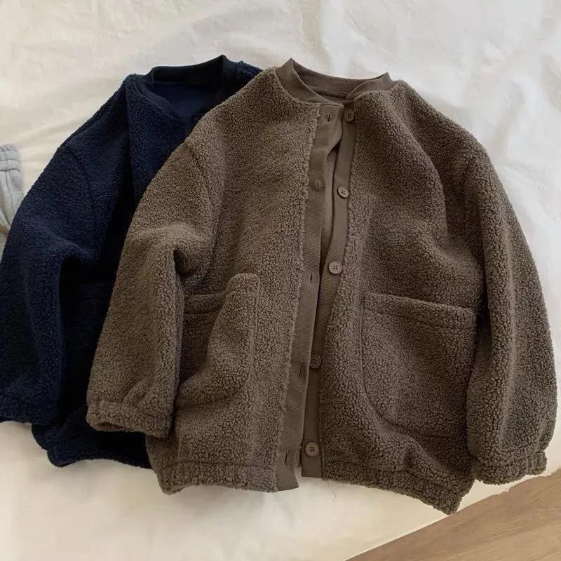 Women's Autumn/Winter Lamb Wool Cardigan Sweatshirt Student Solid Color Thick Fleece-Lined Jacket