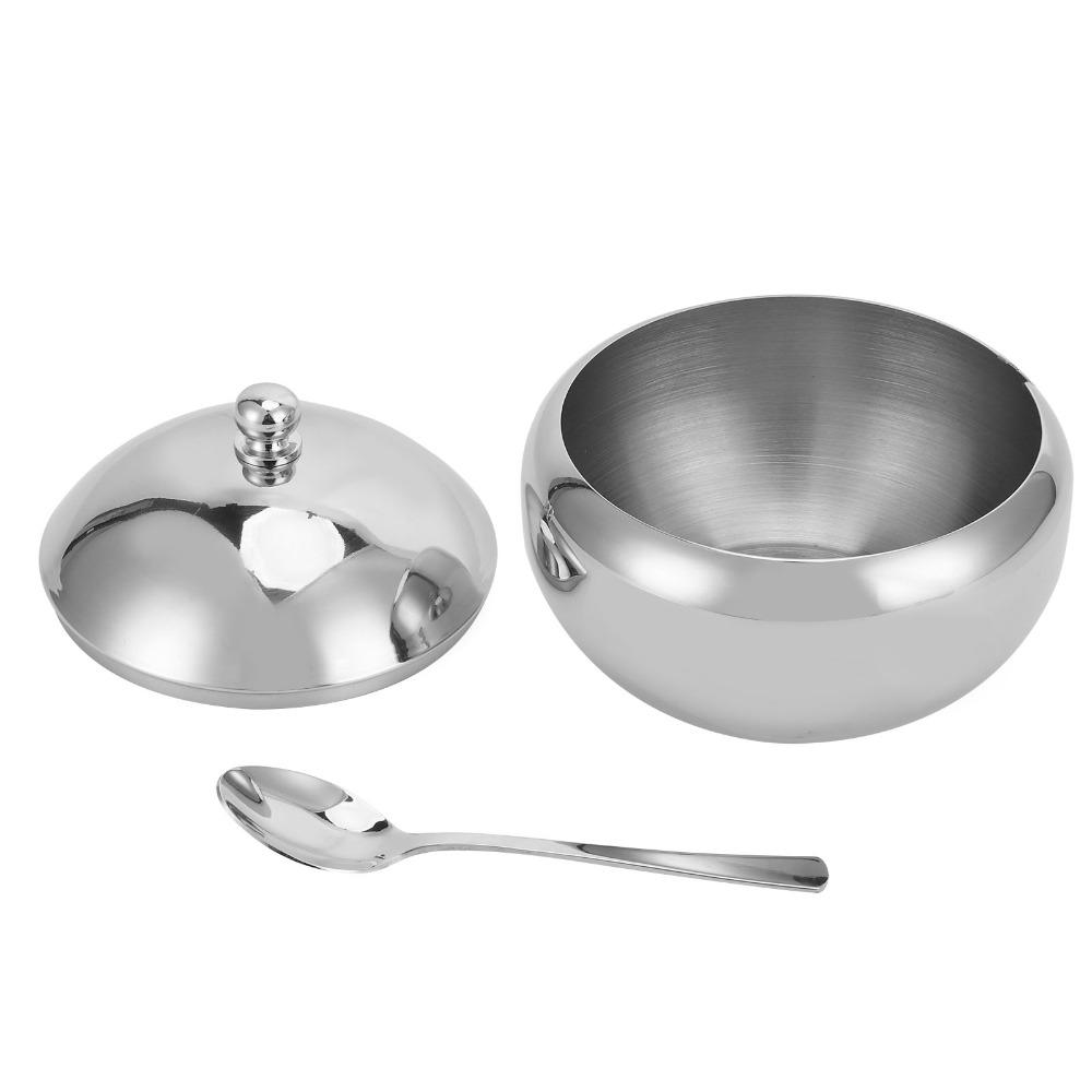 304 Stainless Steel Sugar Bowl with Lid and Spoon Durable Seasoning Pot Large Capacity Multi-functional Spice Jar Coffee Shop