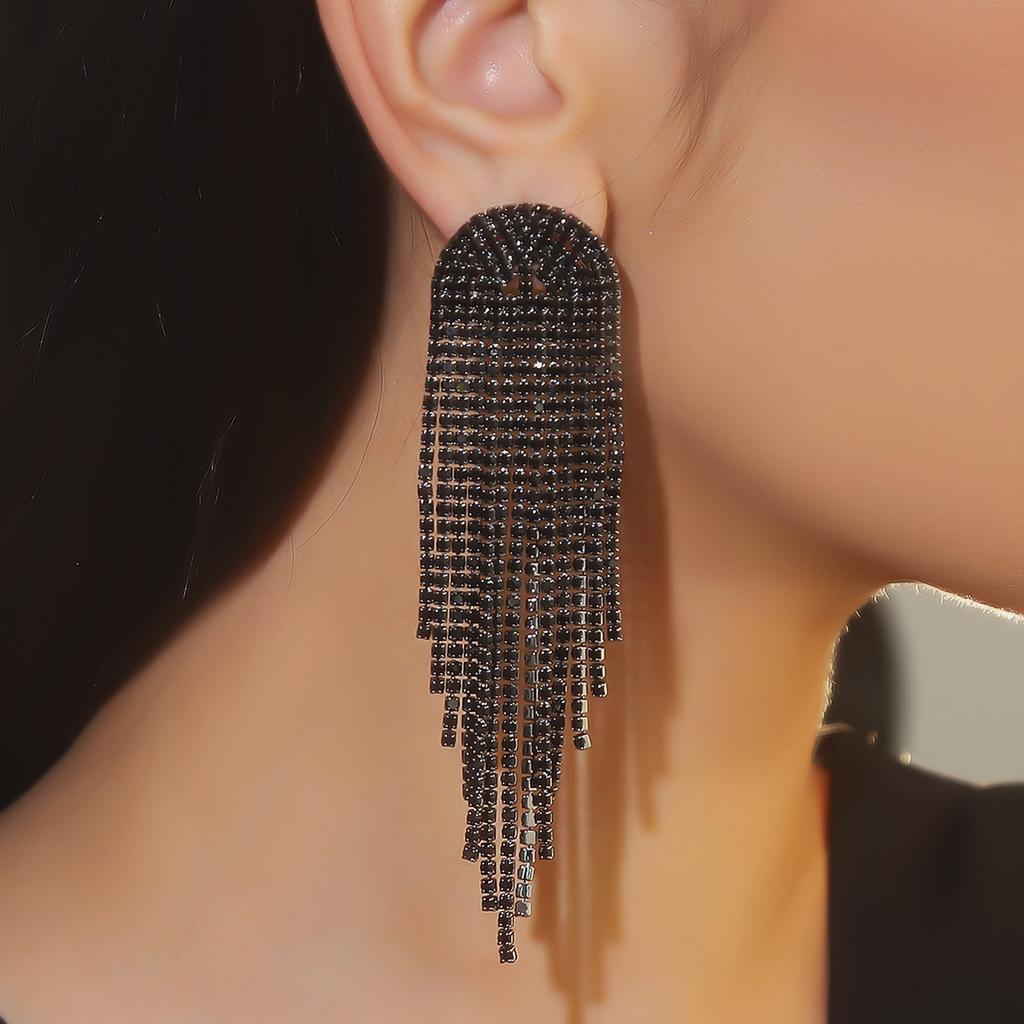 Stylish black electrophoresis long fringed earrings