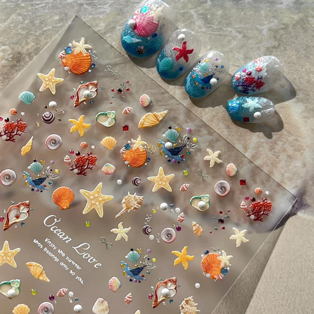 5D Ocean Nail Sticker Vacation Starfish Shell Coral Pearl Self-adhesive Nail Art Decal Fresh Seaside Vibe Manicure