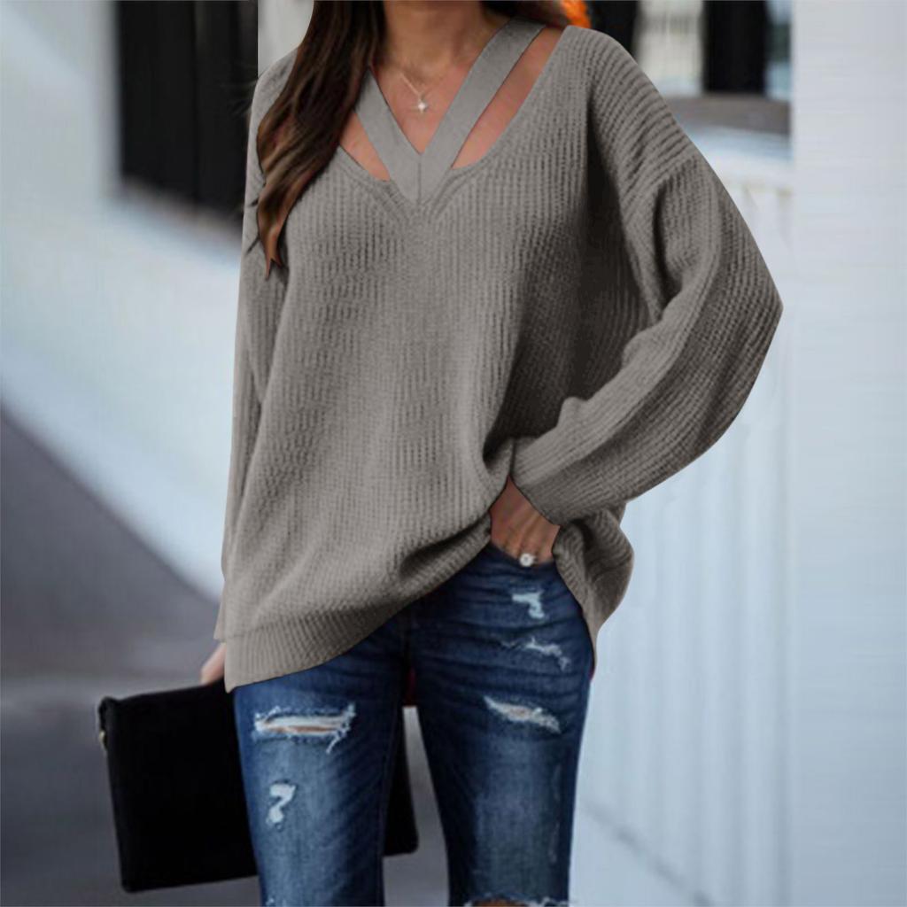 Suéter informal de color sólido con personalidad y manga larga con escote en V holgado a la moda para mujer