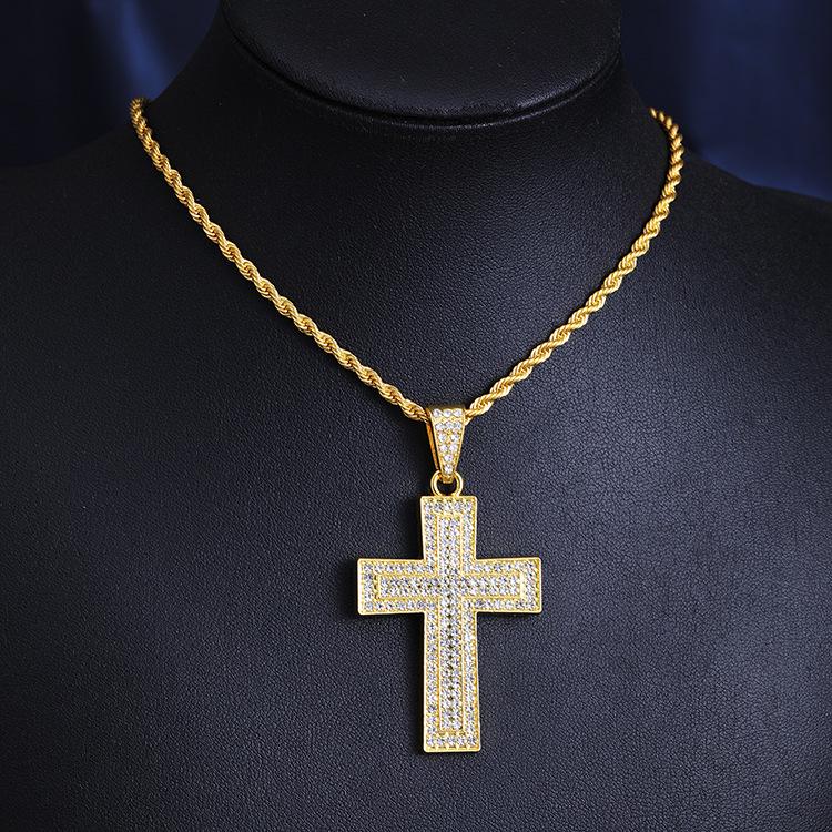 2026 Full Diamond Cross Pendant Necklace with 3.0 Titanium Steel Twisted Chain, European and American Long Style Sweater Necklace