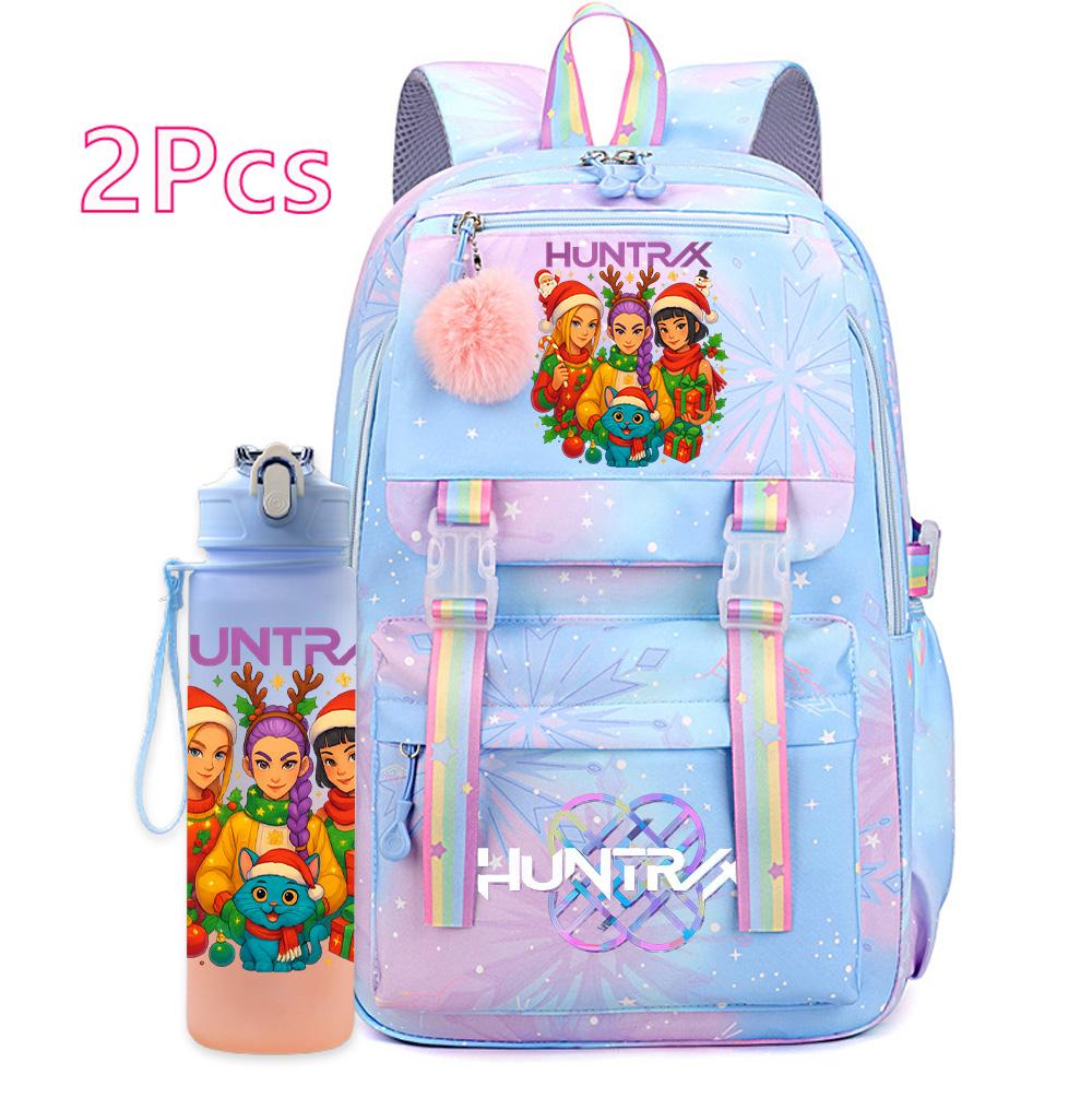 2Pcs/set Christmas K-pop Printed Backpack with 750Ml Water Bottler Large Capacity Travel Bag for Teenager Girl Boy Bookbag Kid Gift Large Capacity Bag