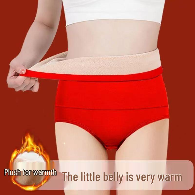 Plus Size Red High Waist Velvet-Lined Cotton Shaping Underwear for Women - Warm Tummy Control for Fall and Winter