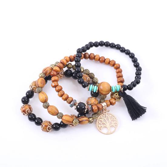 4Pcs Unisex Fashion Wooden Beads Tassel Strand Bangle Bracelet Jewelry Gift
