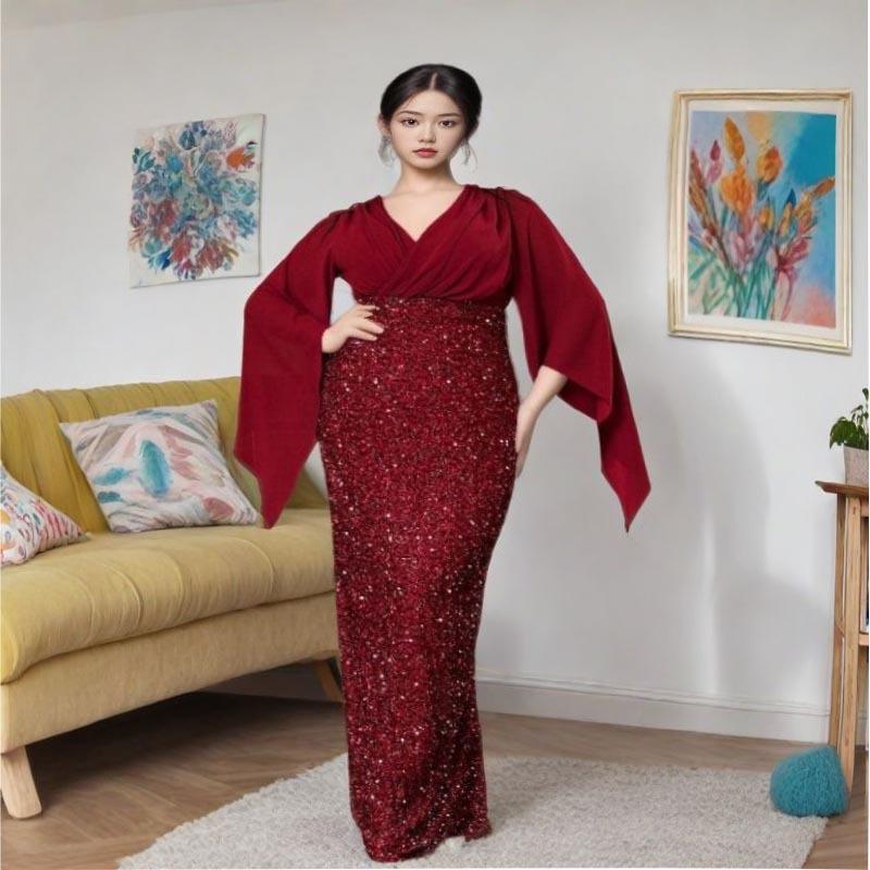 "2025 Elegant V-Neck Chiffon Sequin Spliced Evening Gown"
