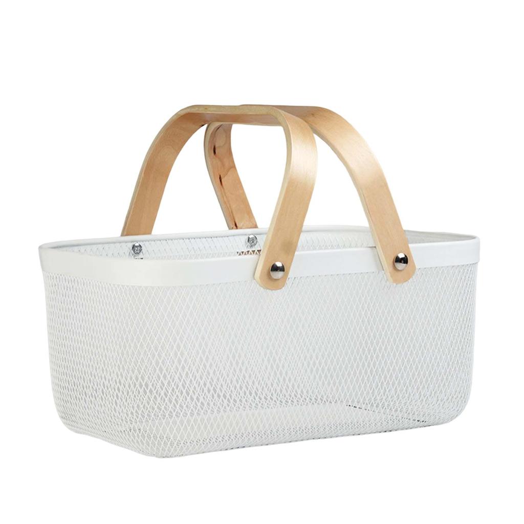 Panier de Rangement Pique-nique Poignées en Bois pour Sortie Randonnée Fruits Légumes Blanc