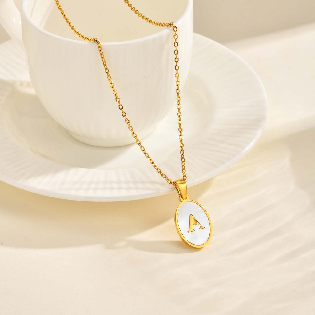 Stainless Steel Oval White Shell Letter A-Z Initial Pendant for Women,Gold Plated 26 Letters Necklaces,Trendy Jewelry Gift