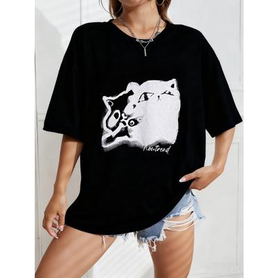 Oversized T Shirt White Cat Print And Text Casual Wear