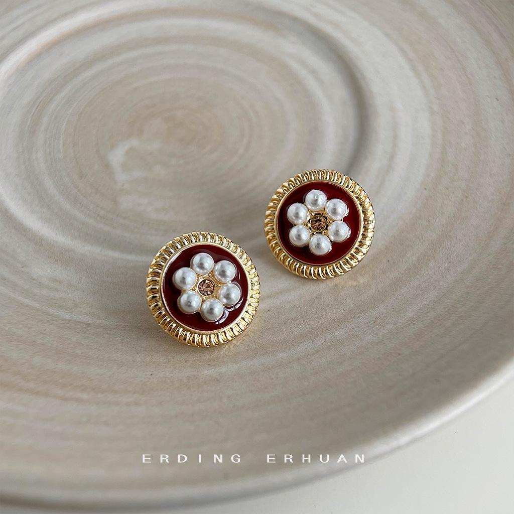 Французские ретро бордовые круглые геометрические жемчужные серьги-гвоздики из стерлингового серебра 925 пробы в гонконгском стиле