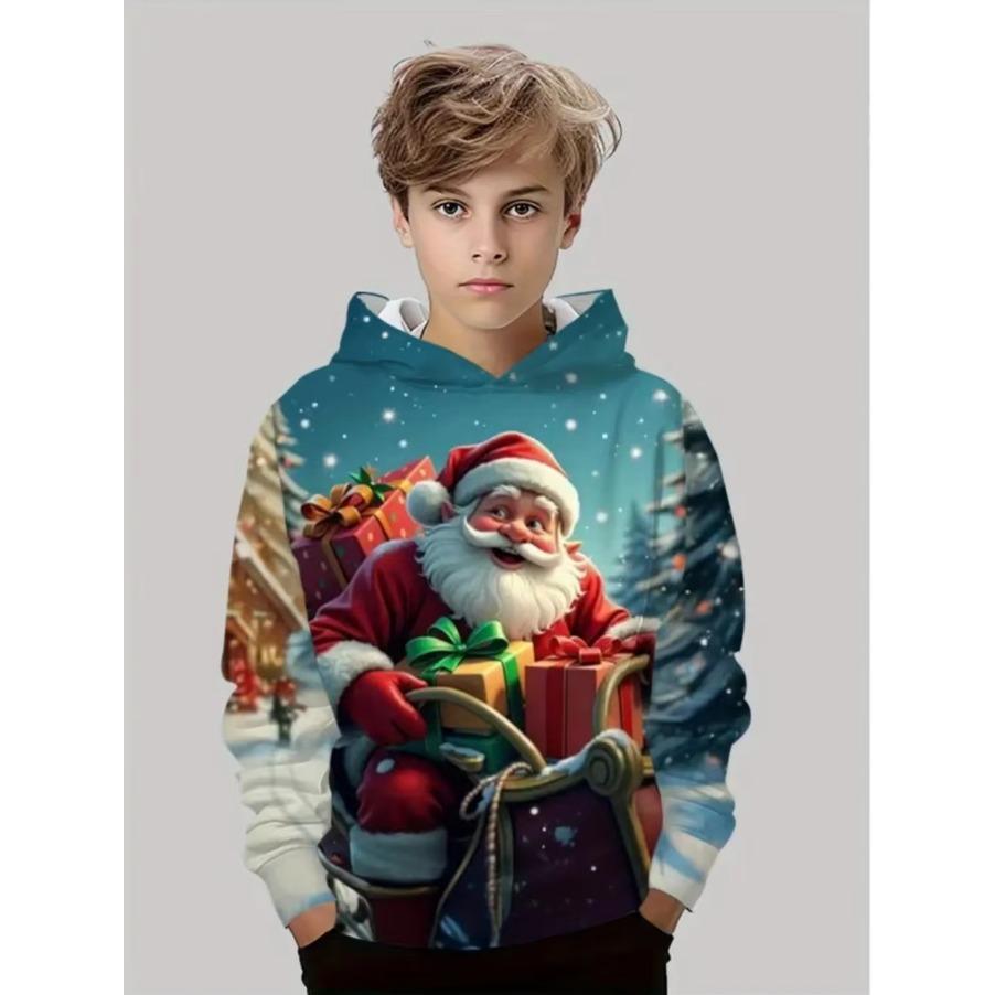 Sudadera con capucha navideña para niños Estampado de Papá Noel Sudadera de moda de dibujos animados para niño niña Ropa infantil para fiesta navideña