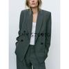 Lapel Long Sleeves with Padded Shoulder Double Breasted Suit Outwear 2129095 Pleated High Waist Wide Leg Pants 2125095