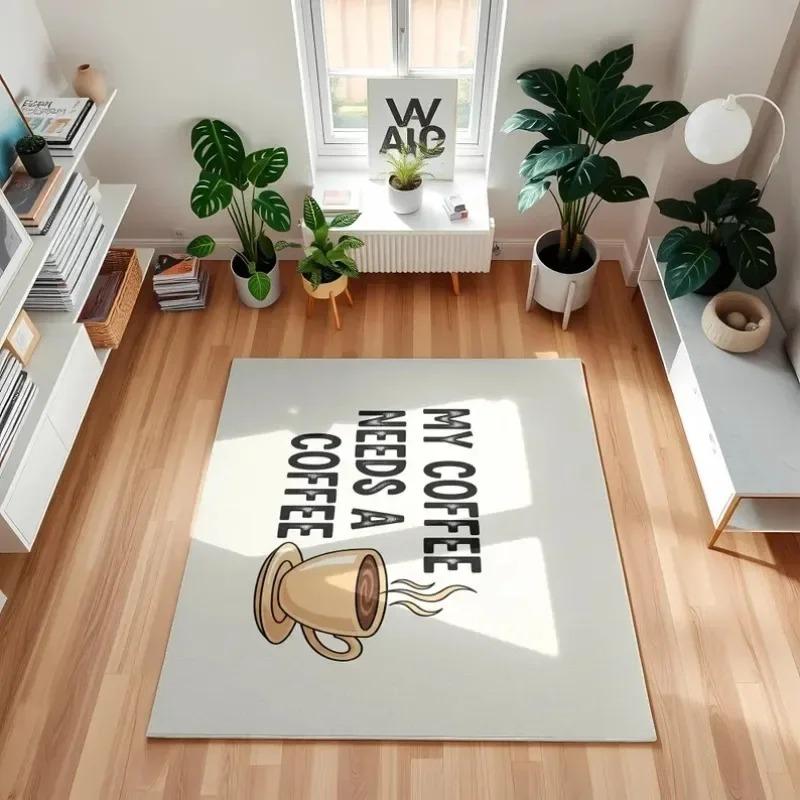 Artistic Sketch Print Coffee Mat Minimalist Line Art Kitchen Rug with Coffee Cup Design Elegant and Simple Non-Slip Floor Decor