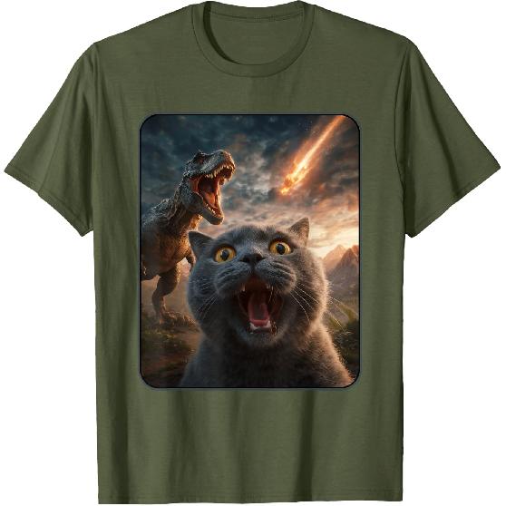 Cat Selfie with T-Rex Dinosaur Funny Cat T Rex Shirt Meme T-Shirt