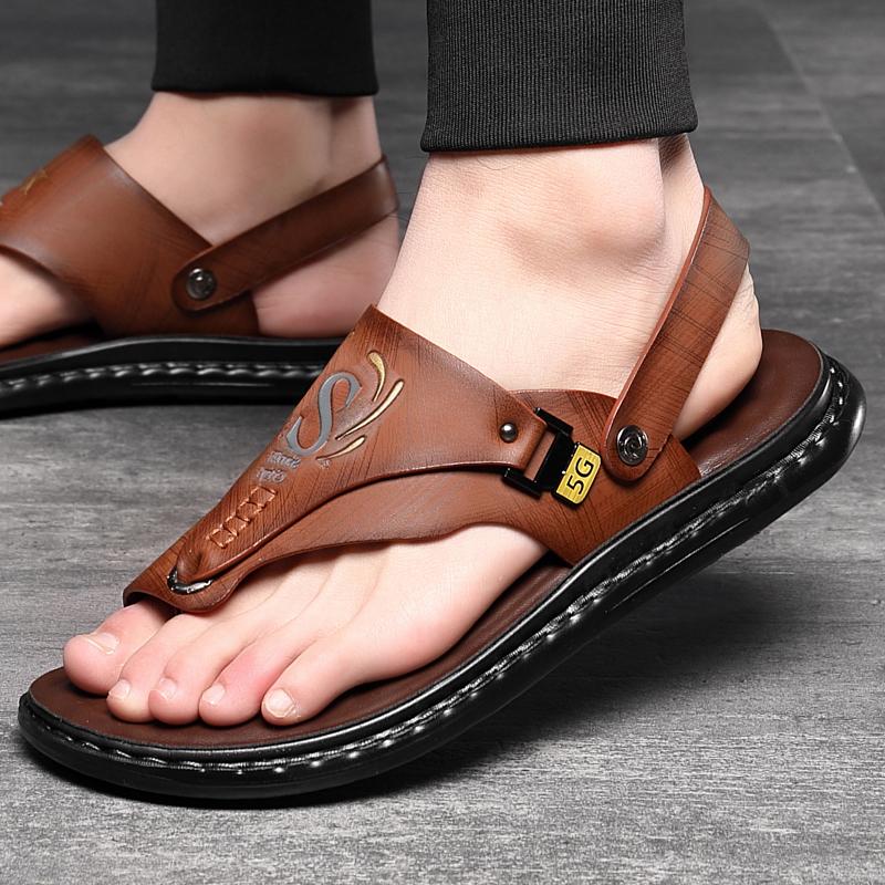 Men Black Open Toe Sandals Slippers Simple Flats Flip Flops Summer Brown Outdoor Beach Shoes Plus Size 46 47 48