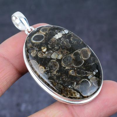 Colgante de plata de ley 925 hecho a mano con piedra preciosa fósil de tortuga natural, 2,25" h7f32