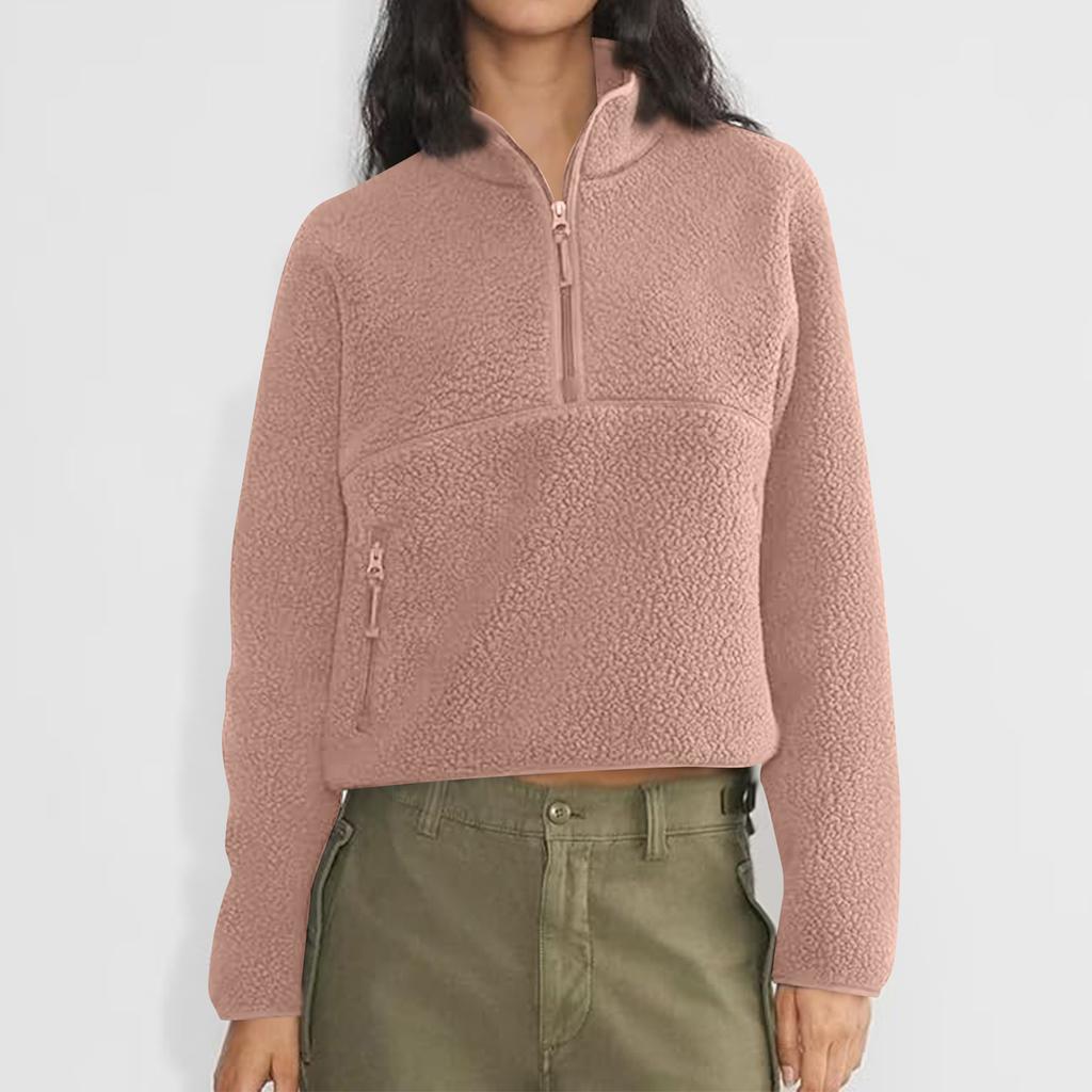 Women's Short Half-Zip Fleece Sweatshirt Plush Warm Cardigan