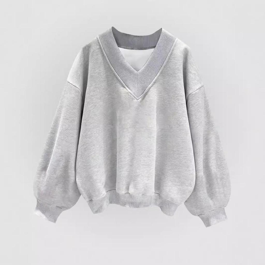 Podzimní šedá mikina s dlouhým rukávem, korejský ležérní volný top s výstřihem do V, pohodlná ležérní mikina